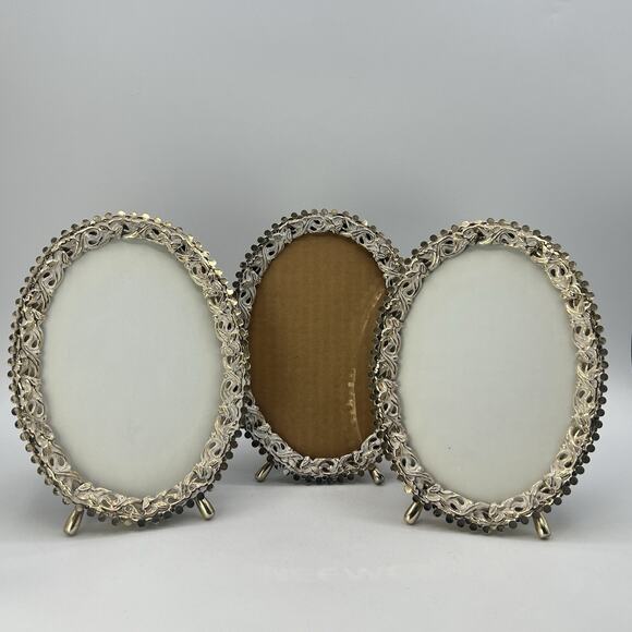 Set 3 Vtg Ornate Gold White Brass Photo Frames Footed 5x7 Filigree Hollywood MCM - Picture 1 of 8